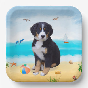 Berner Sennenhund am Strand Pappteller