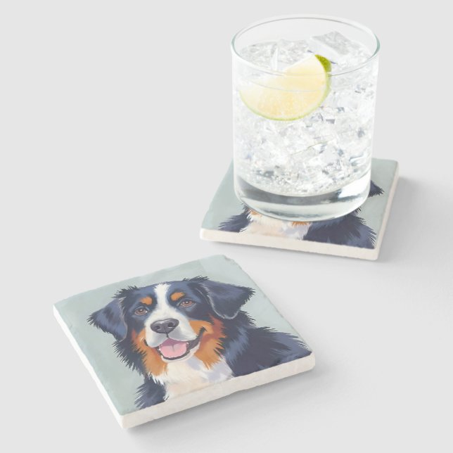 Berner Sennenhund | Aquarellmalerei Steinuntersetzer (Seitenansicht)