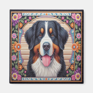 Berner Sennenhund Blumige Farbige Umrandung Magnet