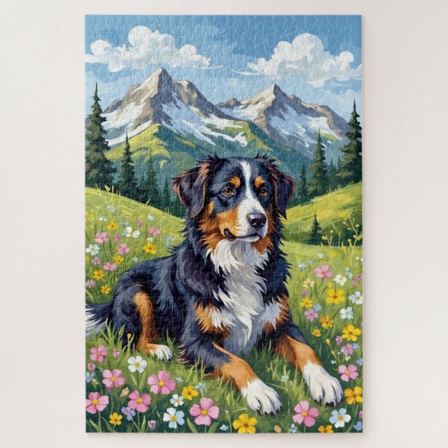 Berner Sennenhund Frühlingstalpine Wiese Puzzle (Vertikal)