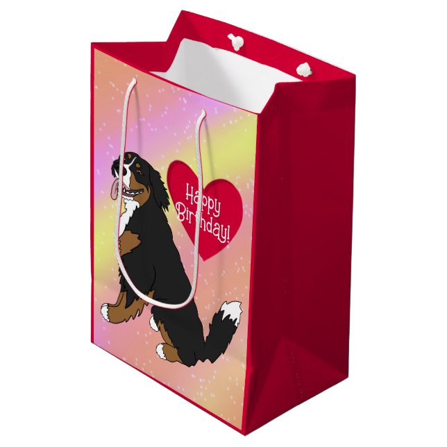 Berner Sennenhund Geburtstag Mittlere Geschenktüte (Vorderseite Schrägansicht)