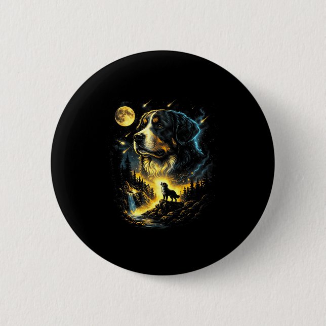 Berner Sennenhund heult zum Mond Fantasy-Hund Button (Vorderseite)