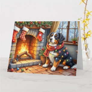 Berner Sennenhund Kamin mit Weihnachtslichtern Karte