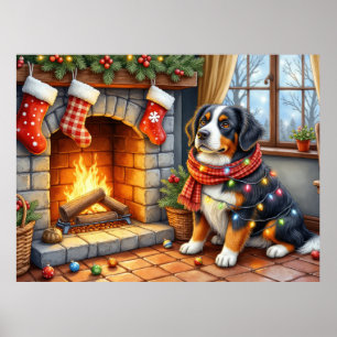 Berner Sennenhund Kamin mit Weihnachtslichtern Poster