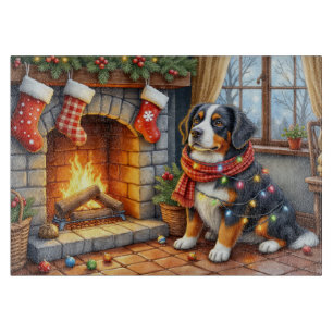 Berner Sennenhund Kamin mit Weihnachtslichtern Schneidebrett