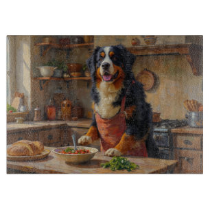 Berner Sennenhund kocht in der Küche Schneidebrett