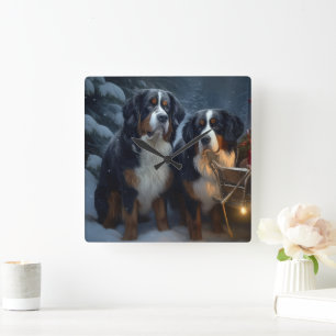 Berner Sennenhund Schnee-Schlitten Weihnachtsdekor Quadratische Wanduhr
