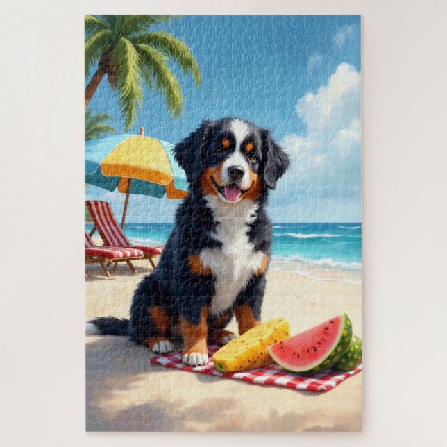 Berner Sennenhund Strandpicknick Szene Puzzle (Vertikal)