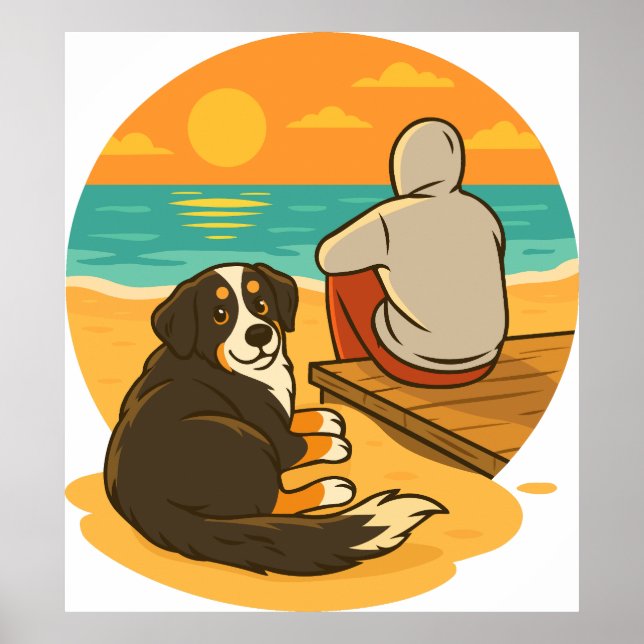 Berner Sennenhund Sunset Beach Begleiter Poster (Vorne)