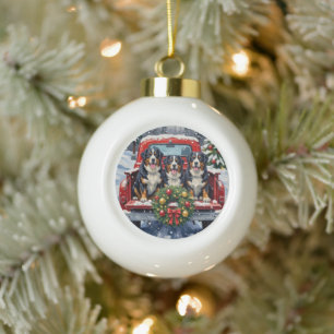 Berner Sennenhund Weihnachten Rotes Lastwagen Feri Keramik Kugel-Ornament