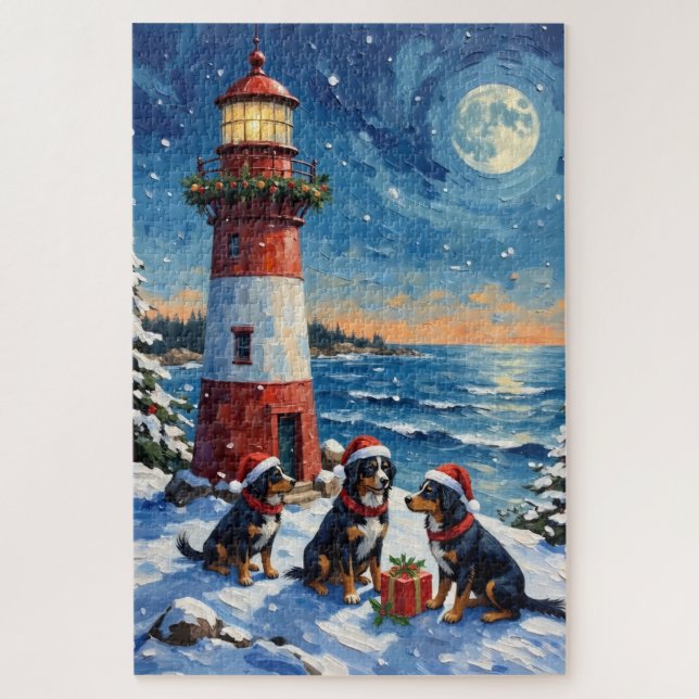 Berner Sennenhund Weihnachts-Leuchtturm Urlaub Puzzle (Vertikal)