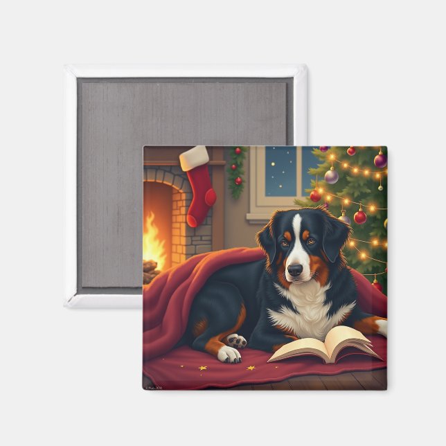 Berner Sennenhund Weihnachtsbettgeschichte Magnet (Vorderseite/Rückseite)