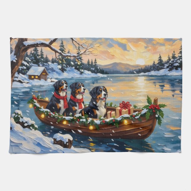 Berner Sennenhund Weihnachtsboot Urlaub Geschirrtuch (Horizontal)