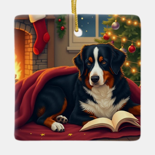 Berner Sennenhund Weihnachtsgeschichte vor dem Sch Keramikornament (Vorderseite)