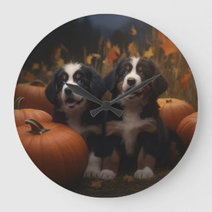 Berner Sennenhund-Welpe Herbstfreude Kürbis Große Wanduhr