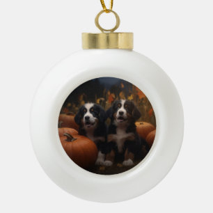 Berner Sennenhund-Welpe Herbstfreude Kürbis Keramik Kugel-Ornament