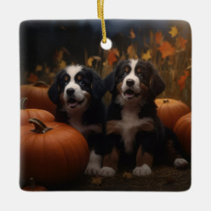 Berner Sennenhund-Welpe Herbstfreude Kürbis Keramikornament