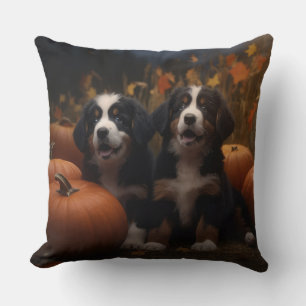 Berner Sennenhund-Welpe Herbstfreude Kürbis Kissen