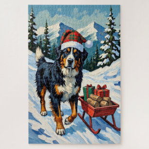 Berner Sennenhund zieht Weihnachtsschlitten Hut Puzzle