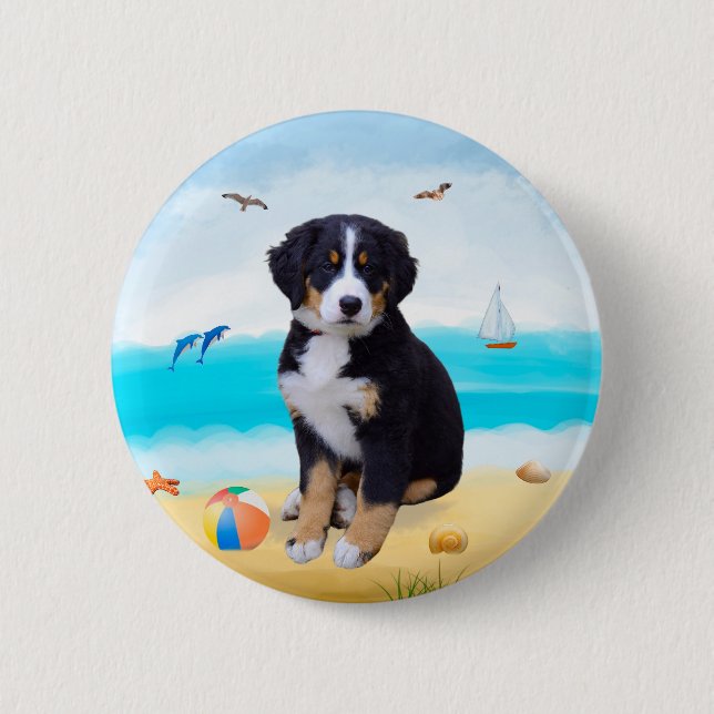 Bernese Mountain Dog am Strand Button (Vorderseite)