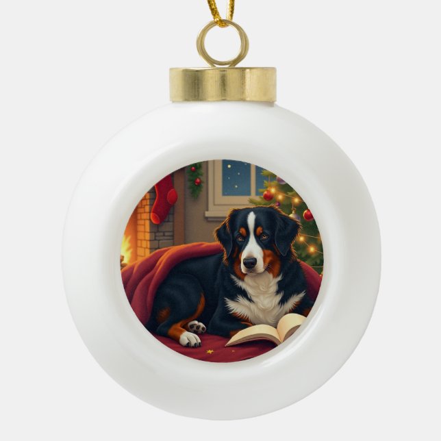 Bernese Mountain Dog Christmas Bedtime Story Keramik Kugel-Ornament (Vorderseite)