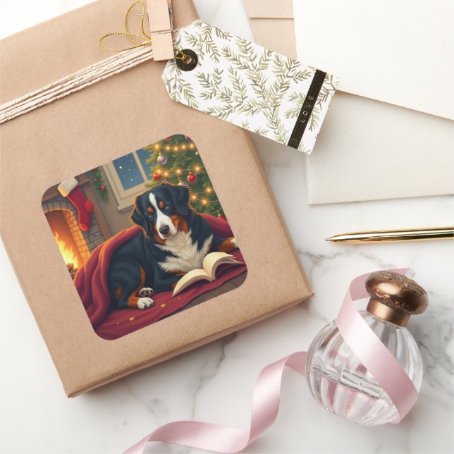 Bernese Mountain Dog Christmas Bedtime Story Quadratischer Aufkleber (Schenken)