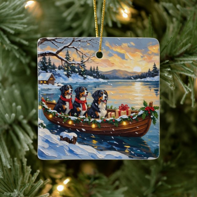 Bernese Mountain Dog Christmas Boat Holiday Keramikornament (Baum)