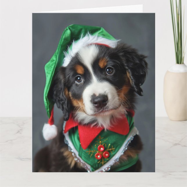 Bernese Mountain Dog Elf Welpe Weihnachtskarte Karte (Vorderseite)