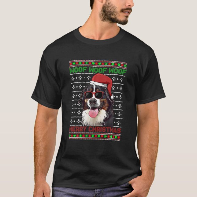 Bernese Mountain Dog Funny Woof Frohe Weihnachten T-Shirt (Vorderseite)