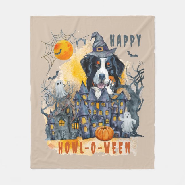 Bernese Mountain Dog Happy Howl-o-ween Ghost House Fleecedecke (Vorderseite)