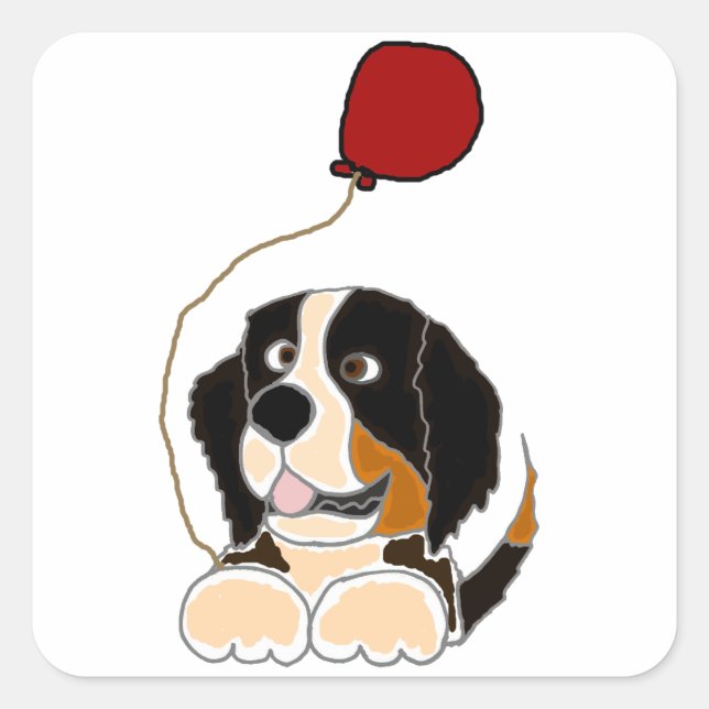 Bernese Mountain Dog Holding Balloon Quadratischer Aufkleber (Vorderseite)