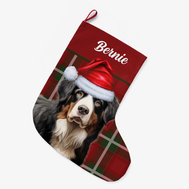 Bernese Mountain Dog Holiday Kariert mit Hundennam Großer Weihnachtsstrumpf (Vorderansicht (hängend))