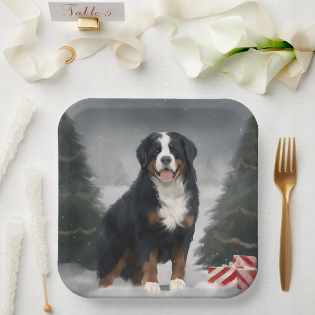 Bernese Mountain Dog im Schnee Weihnachten Pappteller (Hochzeit)