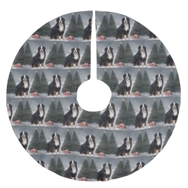 Bernese Mountain Dog im Schnee Weihnachten Polyester Weihnachtsbaumdecke (Vorderseite)