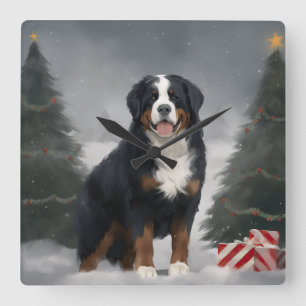 Bernese Mountain Dog im Schnee Weihnachten Quadratische Wanduhr
