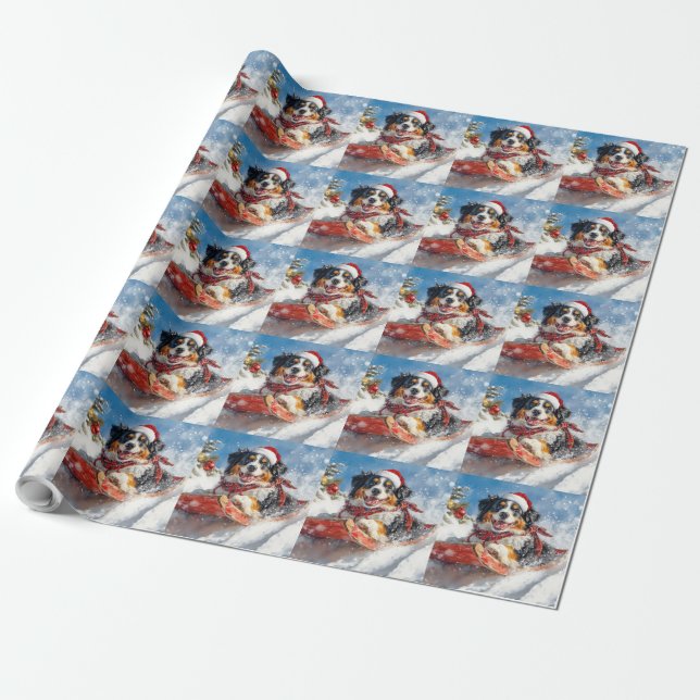 Bernese Mountain Dog in Sledge Weihnachten Geschenkpapier (Ungerollt)