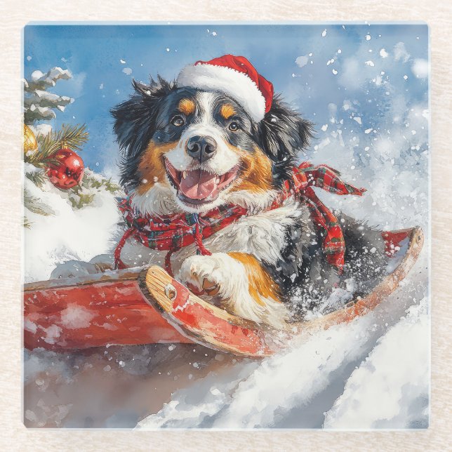 Bernese Mountain Dog in Sledge Weihnachten Glasuntersetzer (Vorderseite)