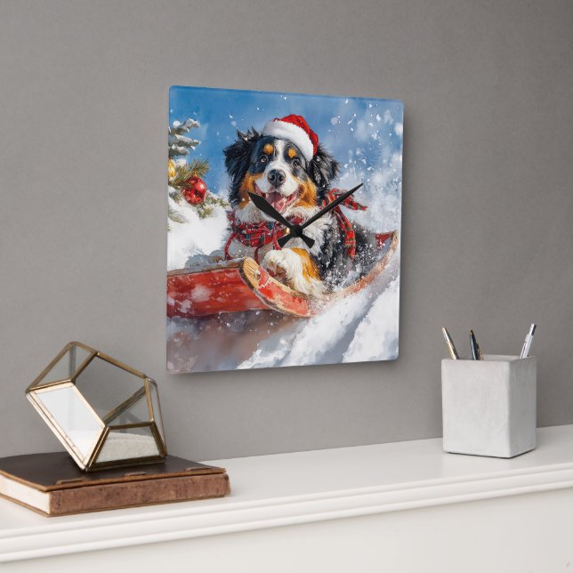 Bernese Mountain Dog in Sledge Weihnachten Quadratische Wanduhr (Büro)