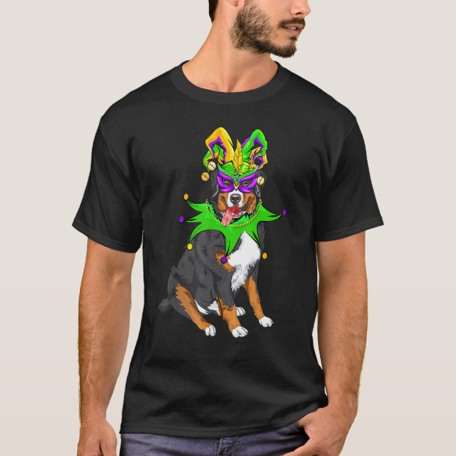 Bernese Mountain Dog Mardi Gras Maske Hat Bead Fun T-Shirt (Vorderseite)