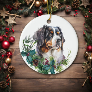 Bernese Mountain Dog Portrait Holly Wreath Keramik Ornament