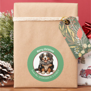 Bernese Mountain Dog Pup im Winter Scarf Weihnacht Runder Aufkleber