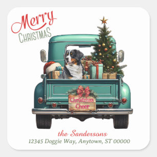 Bernese Mountain Dog Retro Truck Weihnachten Quadratischer Aufkleber
