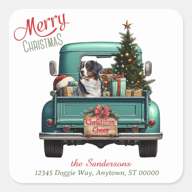 Bernese Mountain Dog Retro Truck Weihnachten Quadratischer Aufkleber (Vorderseite)
