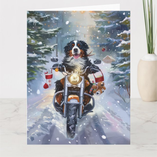 Bernese Mountain Dog Riding Motorrad Weihnachten Karte (Vorderseite)