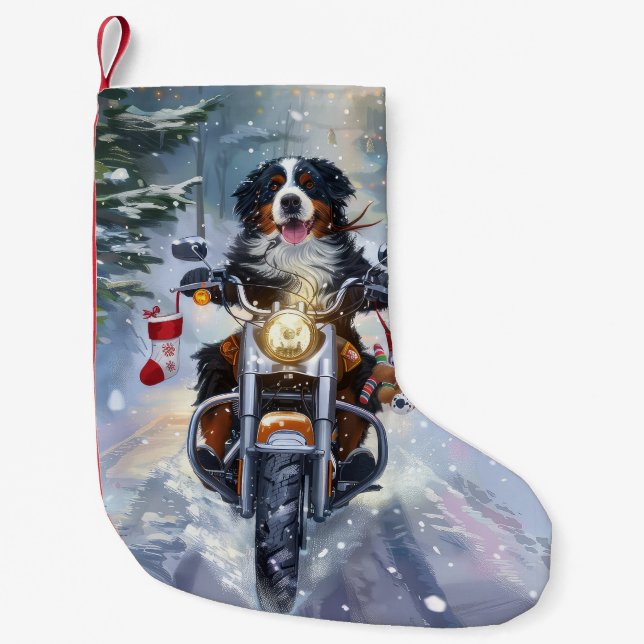 Bernese Mountain Dog Riding Motorrad Weihnachten Kleiner Weihnachtsstrumpf (Vorderseite)