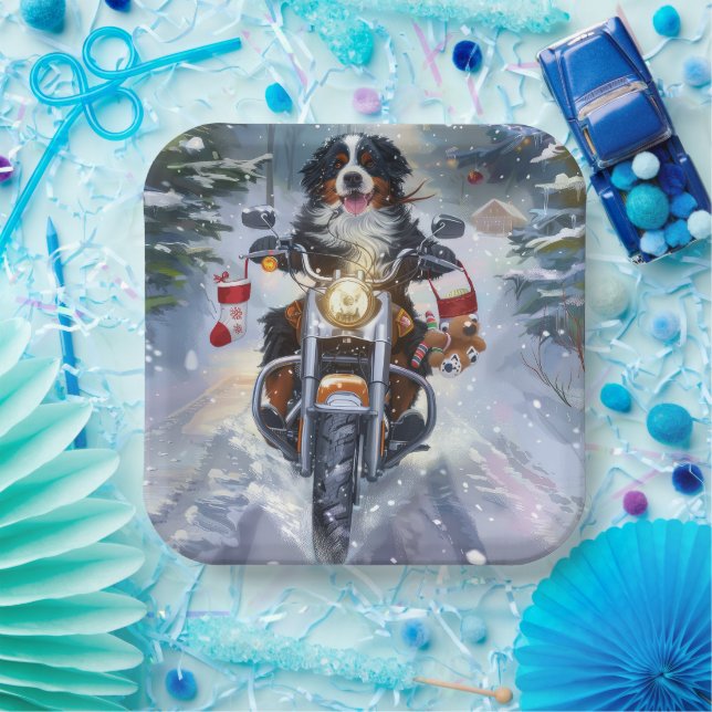 Bernese Mountain Dog Riding Motorrad Weihnachten Pappteller (Party)