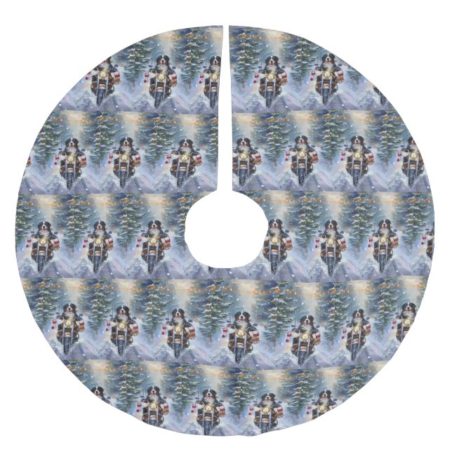 Bernese Mountain Dog Riding Motorrad Weihnachten Polyester Weihnachtsbaumdecke (Vorderseite)