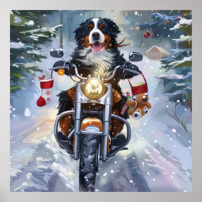 Bernese Mountain Dog Riding Motorrad Weihnachten Poster (Vorne)