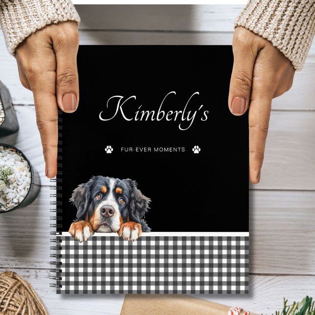 Bernese Mountain Dog Schwarz-weiß Gingham Custom Notizbuch (Von Creator hochgeladen)