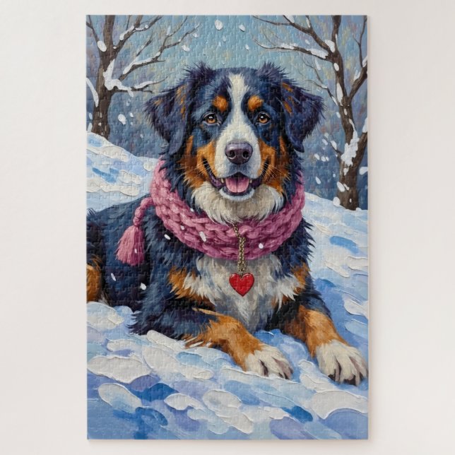 Bernese Mountain Dog Valentine's Day Heart Scarf Puzzle (Vertikal)
